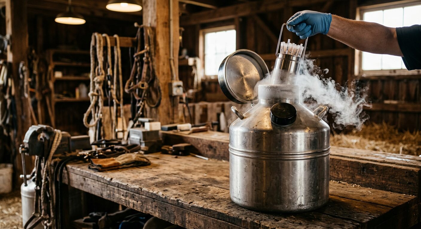 Liquid nitrogen tank for semen and embryos in a barn