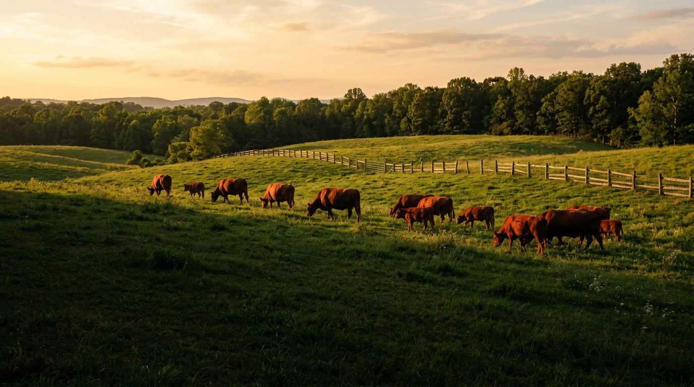 Red Akaushi cattle grazing on rolling pasture at golden hour